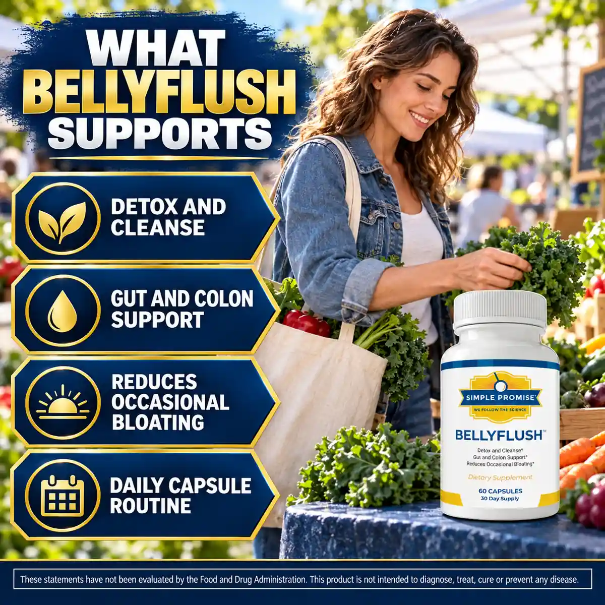 The BellyFlush support panel listing detox and cleanse, gut and colon support, reduces occasional bloating, and a daily capsule routine